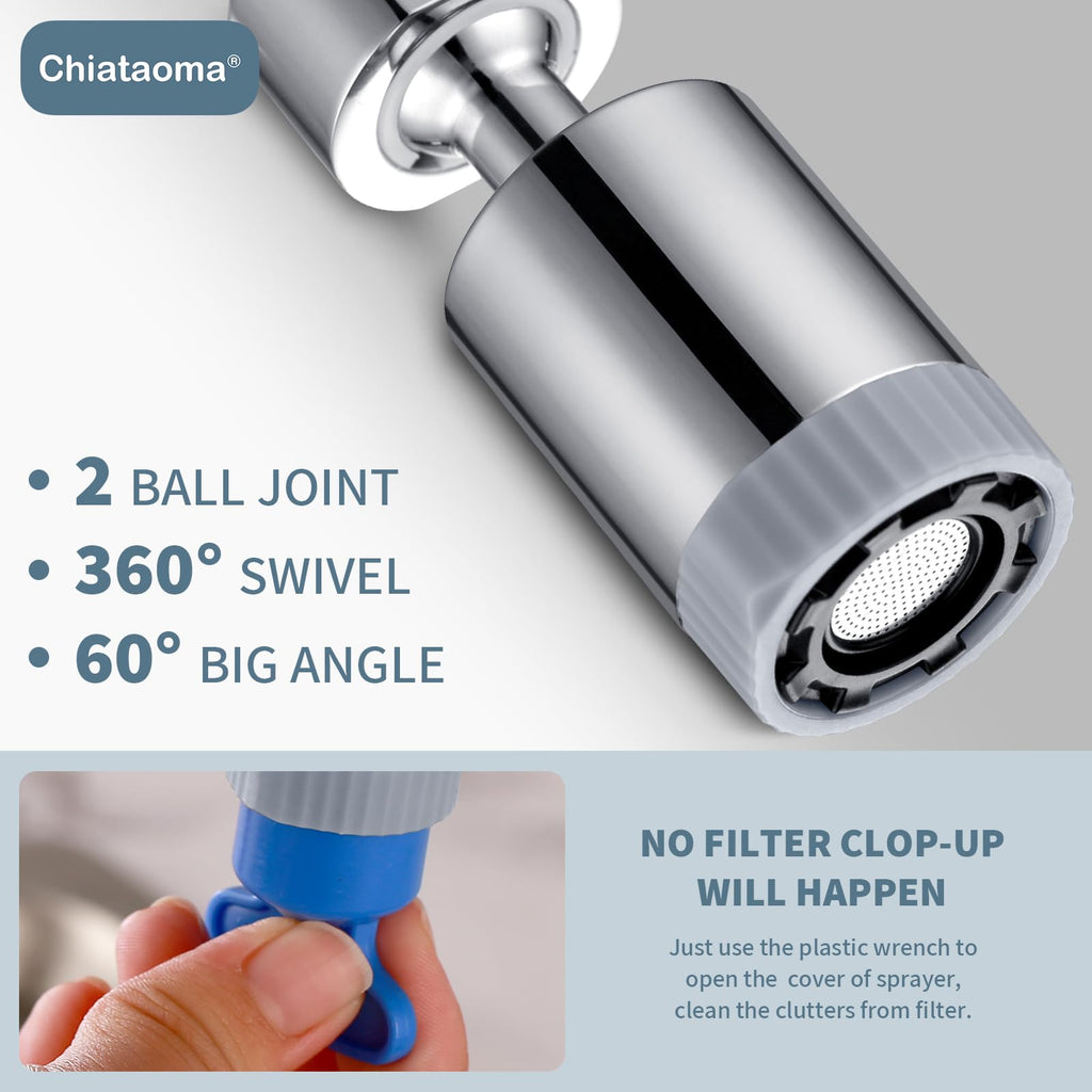 CHIATAOMA Swivel Faucet Aerator – 3-Function Nozzle, 360° Rotation, Chrome Kitchen Attachment