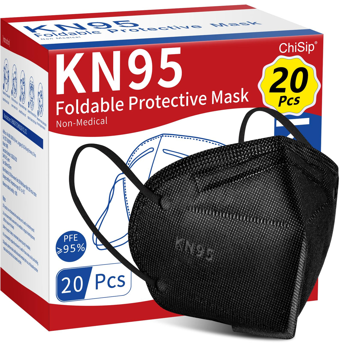 ChiSip KN95 Face Mask 40 Pcs – 5-Ply Breathable PM2.5 Protection (Black)