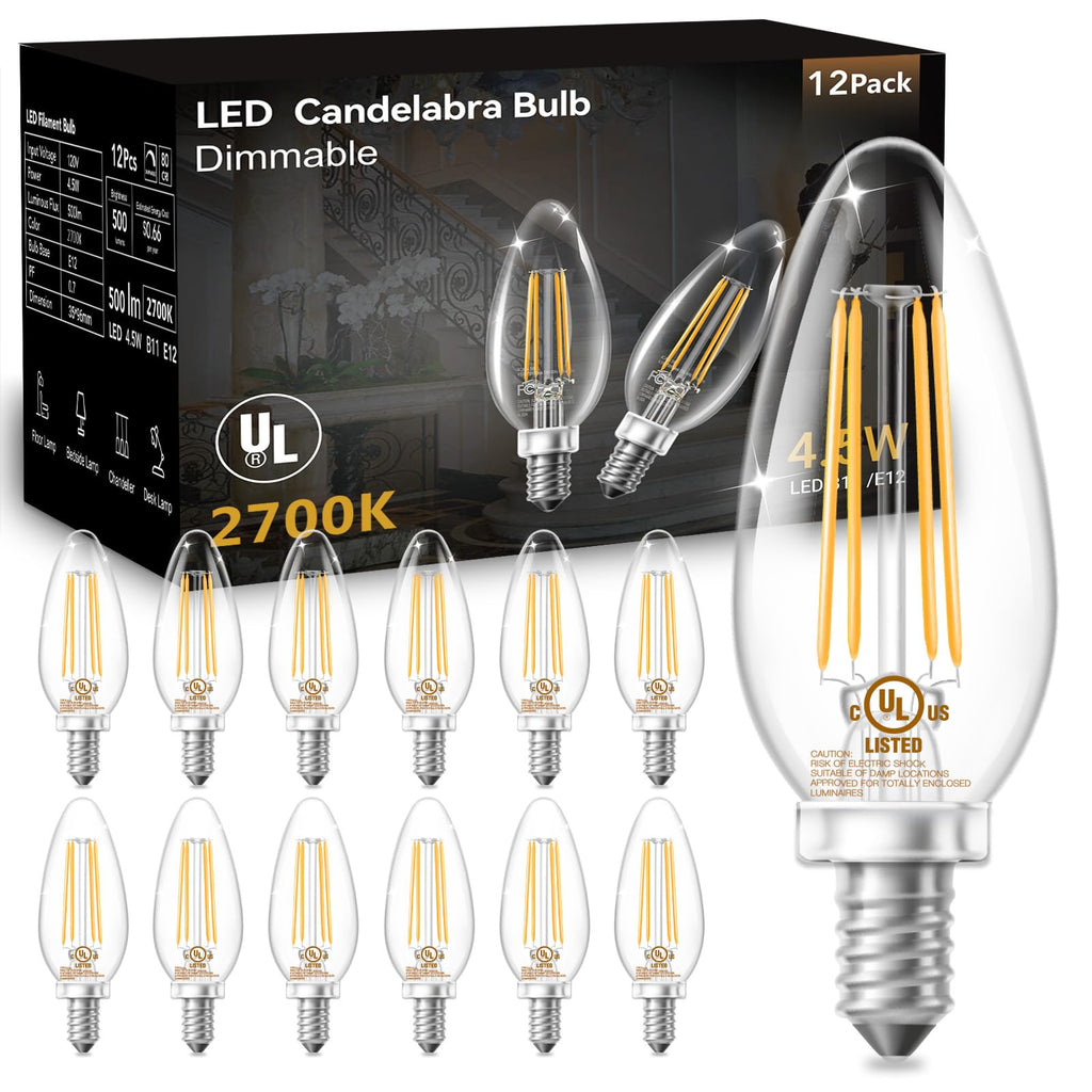 DAYBETTER E12 Dimmable LED Filament Candelabra Bulbs – 40W Equivalent, 12 Pack, 2700K