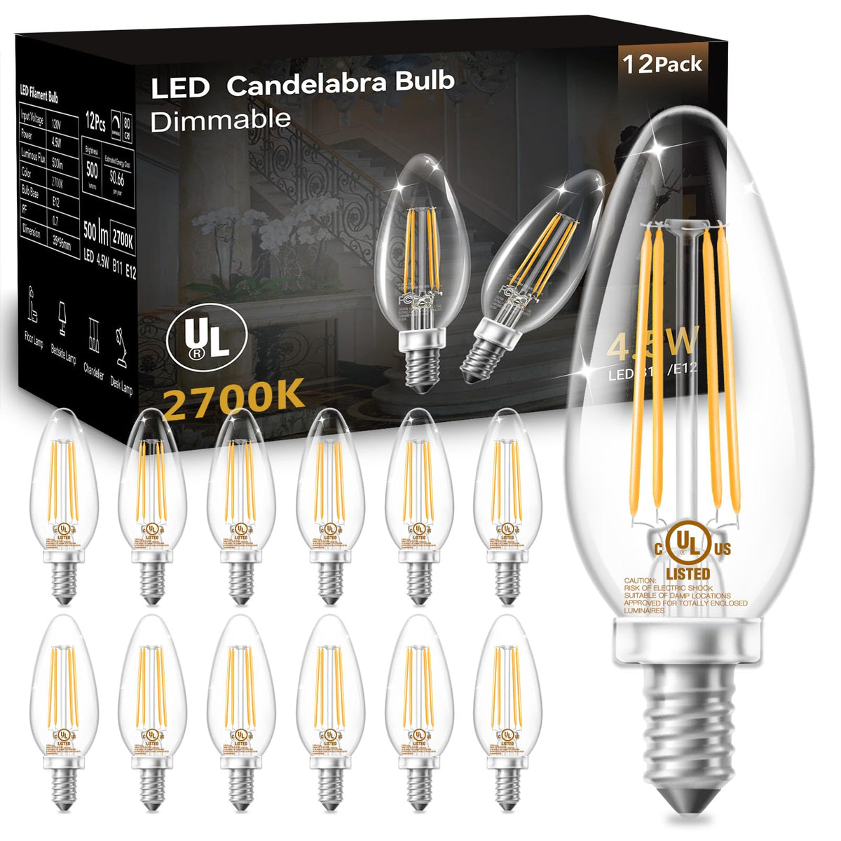 DAYBETTER E12 Dimmable LED Filament Candelabra Bulbs – 40W Equivalent, 12 Pack, 2700K