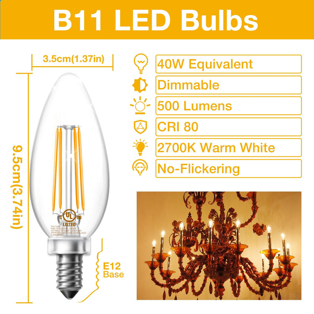DAYBETTER E12 Dimmable LED Filament Candelabra Bulbs – 40W Equivalent, 12 Pack, 2700K