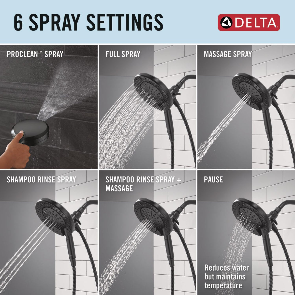 Delta In2ition 6-Setting 2-in-1 Dual Shower Head with ProClean Hand Shower – Matte Black 75655BL
