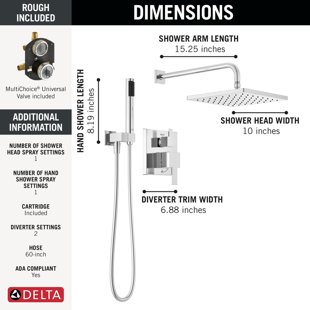 Delta Modern 14 Series Square Rain Shower System – Chrome, 10 in Rain Head & Trim
