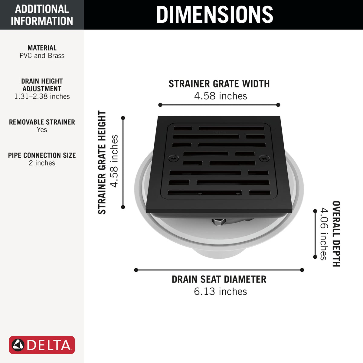 Delta 4-In Tile-In Square Shower Drain — Matte Black, Adjustable, Limited Lifetime Warranty
