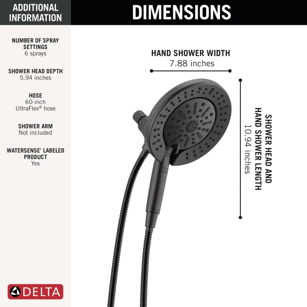 Delta In2ition 6-Setting 2-in-1 Dual Shower Head with ProClean Hand Shower – Matte Black 75655BL