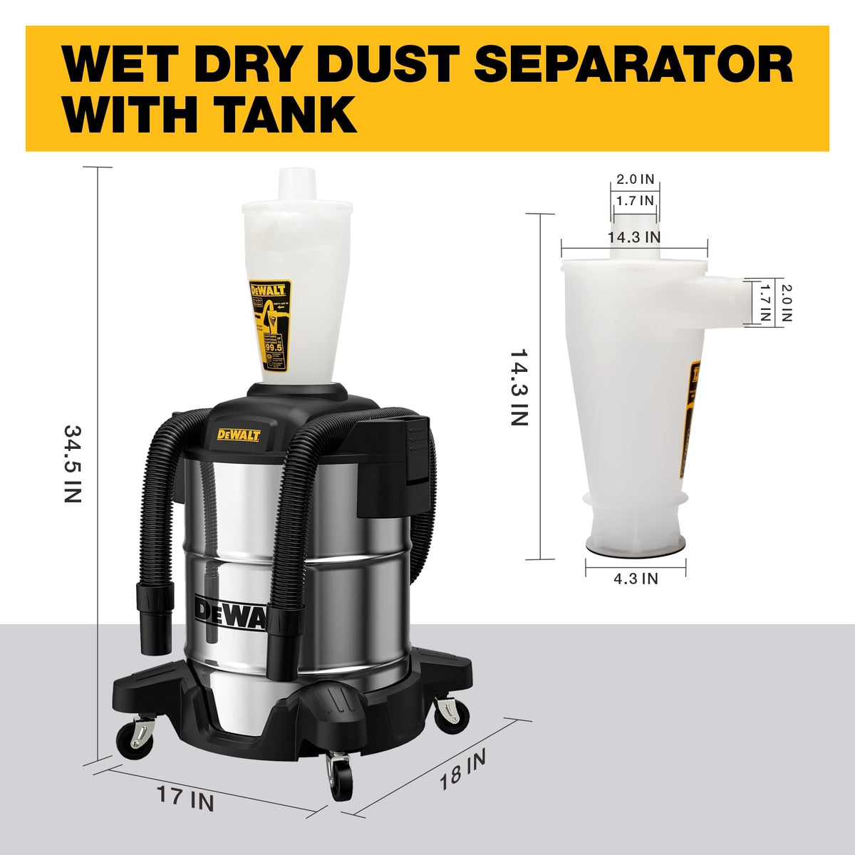 DEWALT Dust Separator DXVCS003 — 10-Gallon Stainless Tank, 99.5% Cyclone Dust Collector