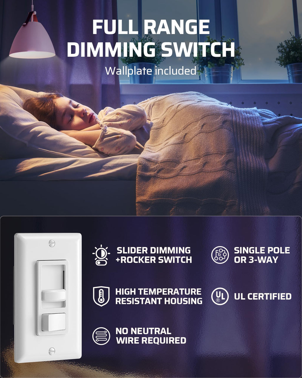 DEWENWILS Dimmer Switch – 600W Incandescent/Halogen, 150W LED/CFL, 3-Way Ready, ETL/cUL Listed, White (2-Pack)