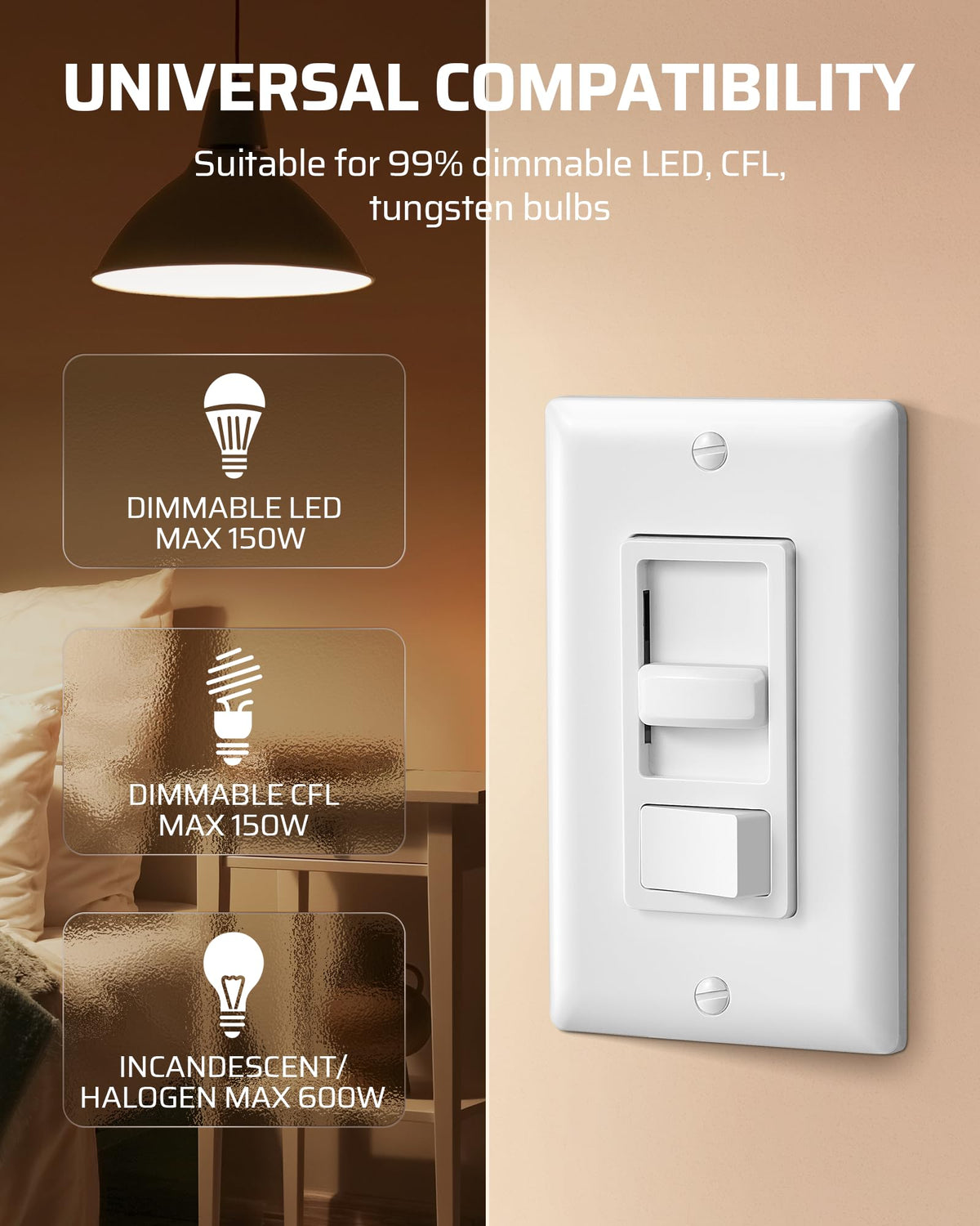 DEWENWILS Dimmer Switch – 600W Incandescent/Halogen, 150W LED/CFL, 3-Way Ready, ETL/cUL Listed, White (2-Pack)