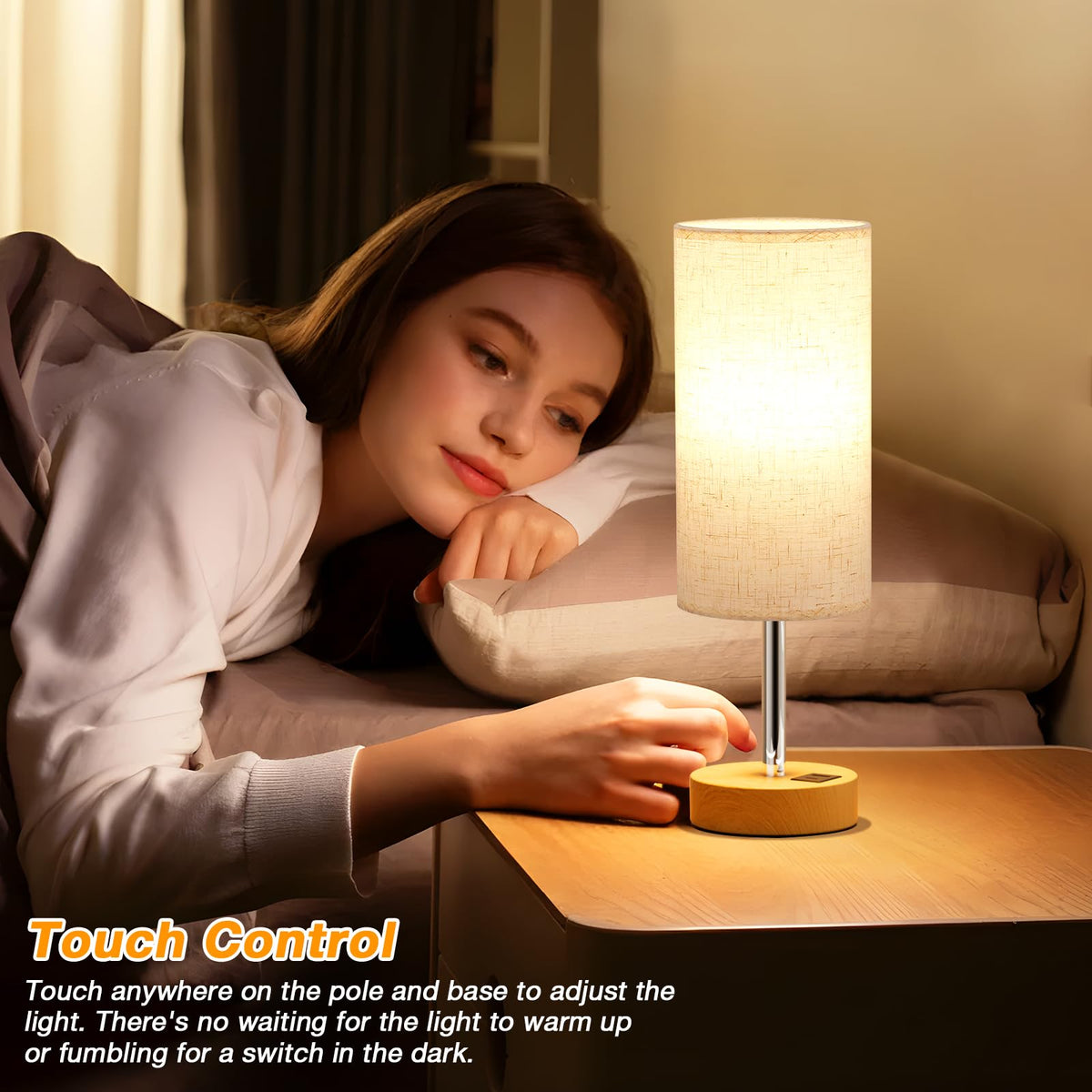 Dicoool Touch Bedside Lamp with USB — 3-Way Dimmable Wood Desk Nightstand Lamp, 14in