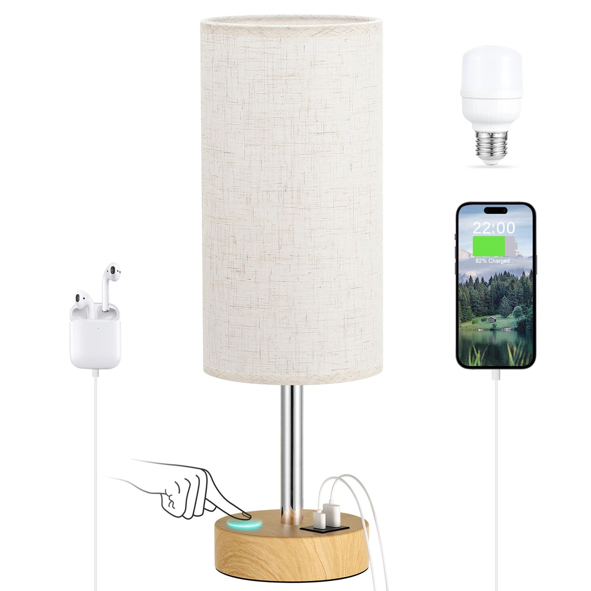 Dicoool Touch Bedside Lamp with USB — 3-Way Dimmable Wood Desk Nightstand Lamp, 14in
