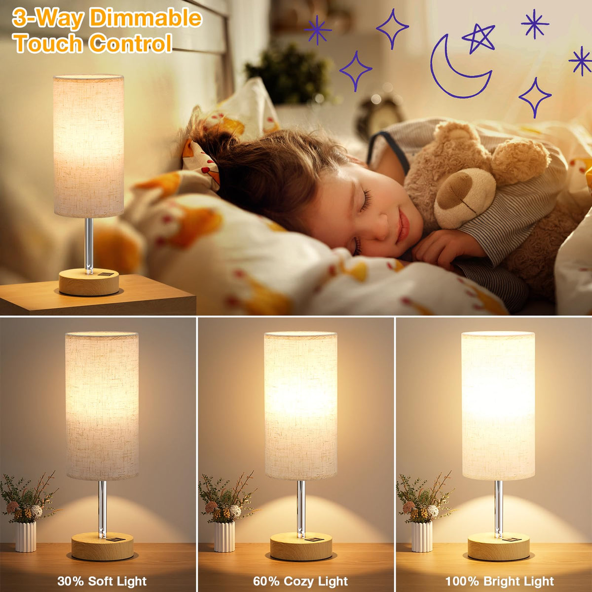 Dicoool Touch Bedside Lamp with USB — 3-Way Dimmable Wood Desk Nightstand Lamp, 14in