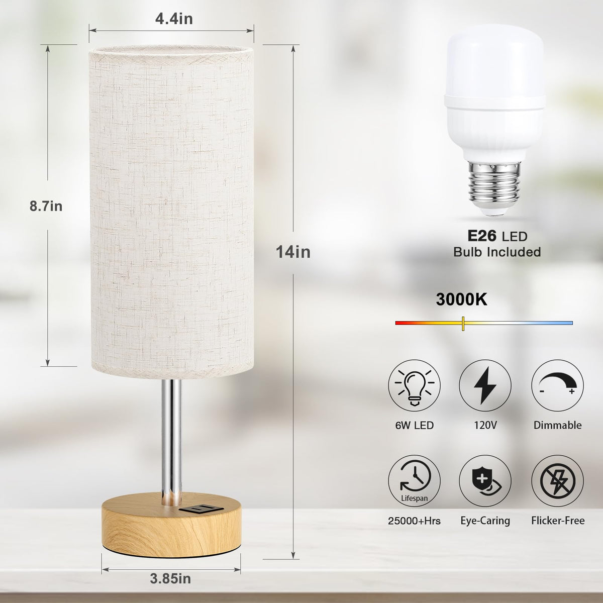 Dicoool Touch Bedside Lamp with USB — 3-Way Dimmable Wood Desk Nightstand Lamp, 14in