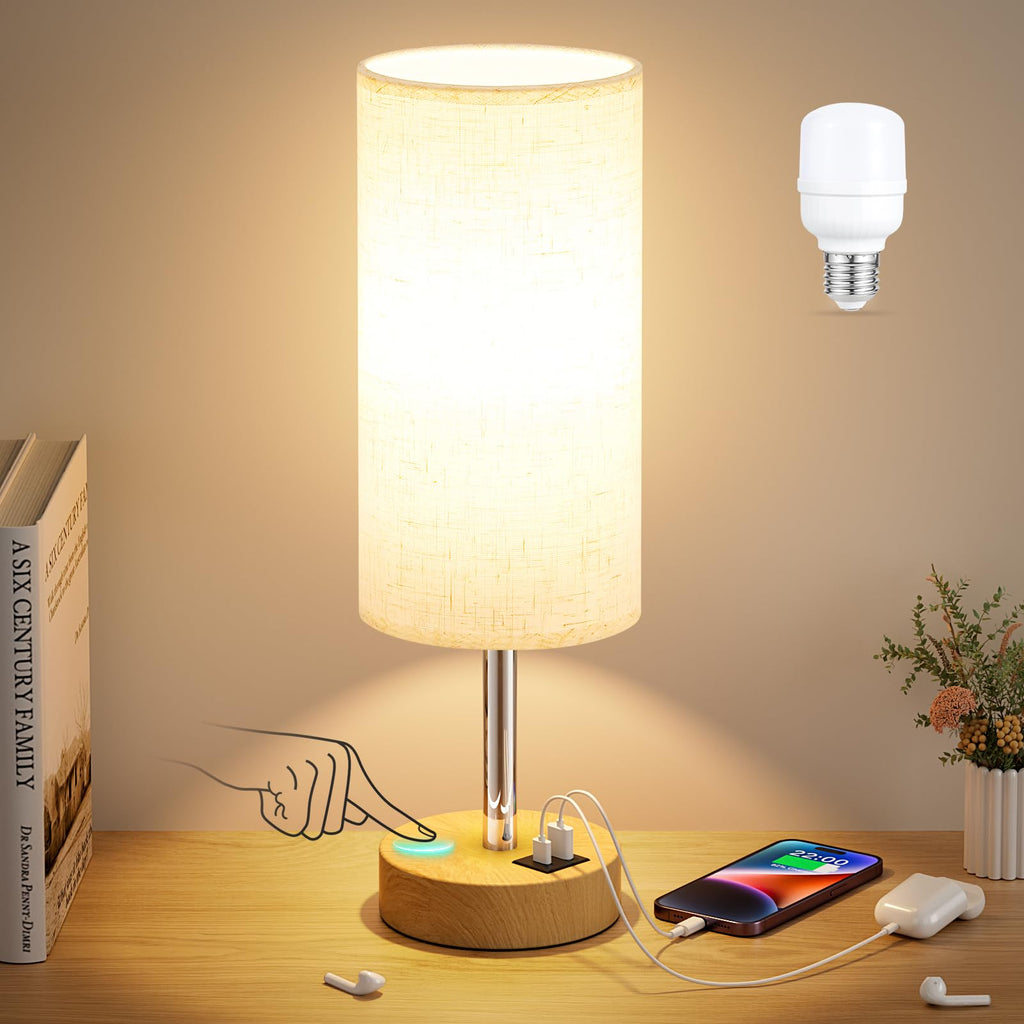 Dicoool Touch Bedside Lamp with USB — 3-Way Dimmable Wood Desk Nightstand Lamp, 14in