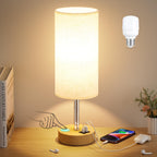 Dicoool Touch Bedside Lamp with USB — 3-Way Dimmable Wood Desk Nightstand Lamp, 14in