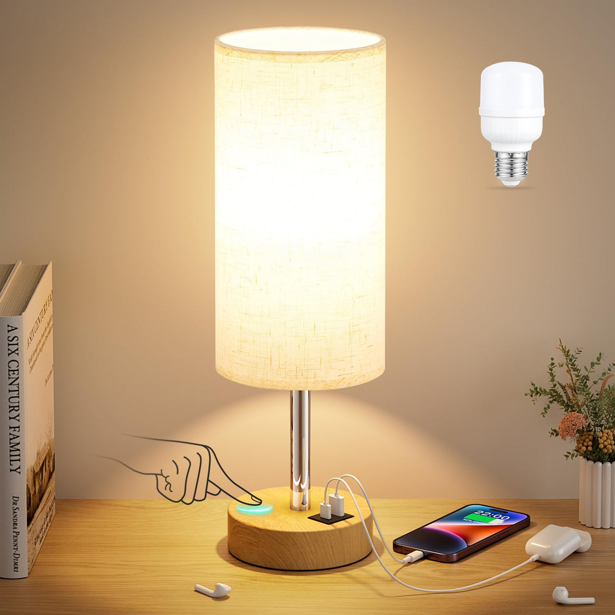 Dicoool Touch Bedside Lamp with USB — 3-Way Dimmable Wood Desk Nightstand Lamp, 14in