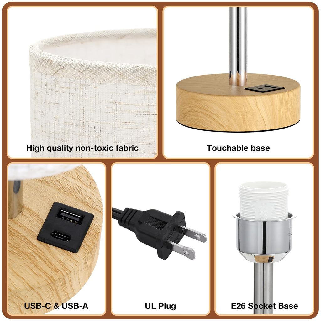 Dicoool Touch Bedside Lamp with USB — 3-Way Dimmable Wood Desk Nightstand Lamp, 14in