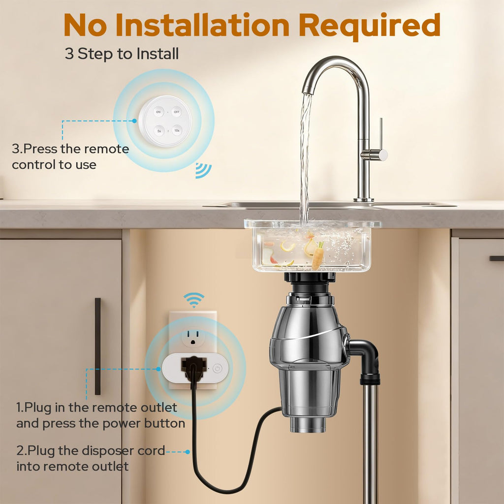 Didikit Garbage Disposal Wireless Switch Kit – Wall Mount & Remote On/Off with 5s/10s Timer, 1800W, 1HP, White