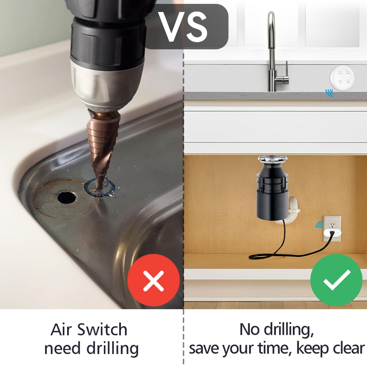 Didikit Garbage Disposal Wireless Switch Kit – Wall Mount & Remote On/Off with 5s/10s Timer, 1800W, 1HP, White