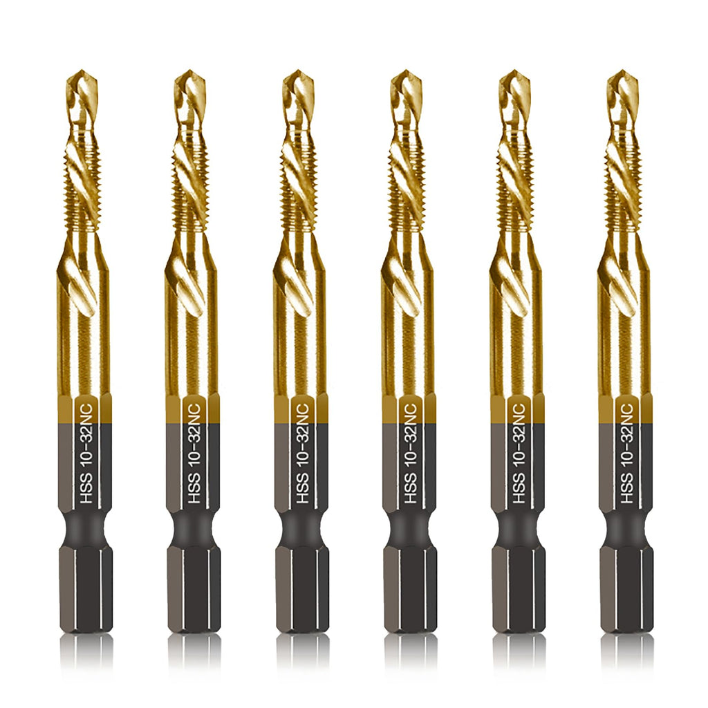 DKIBBITH 6-Piece Titanium Drill Tap Set SAE 10-32NC, 1/4-Inch Hex Shank