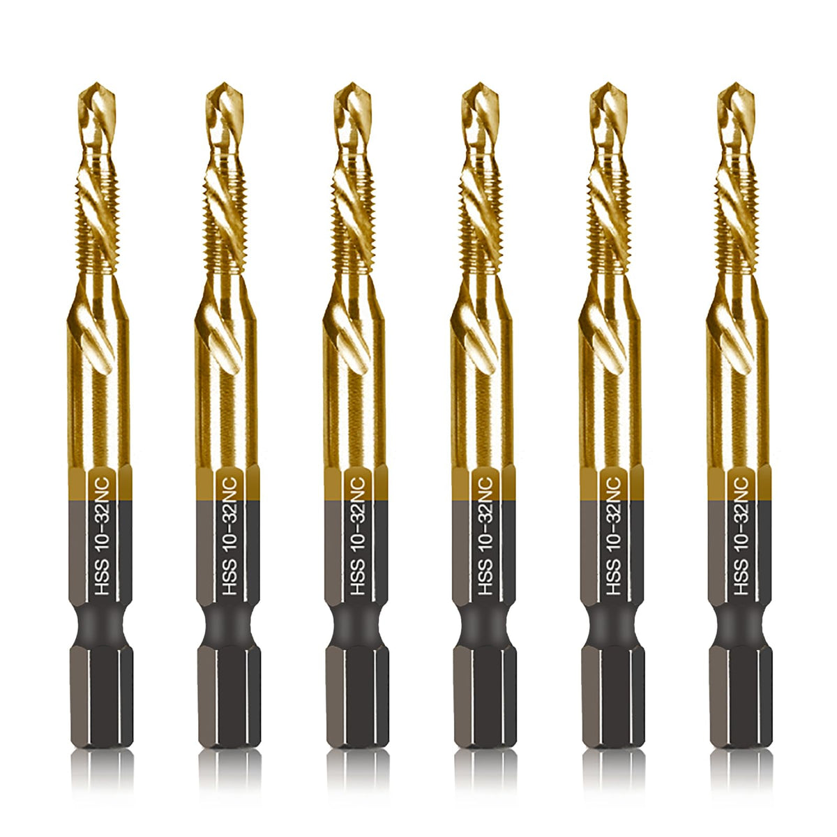 DKIBBITH 6-Piece Titanium Drill Tap Set SAE 10-32NC, 1/4-Inch Hex Shank