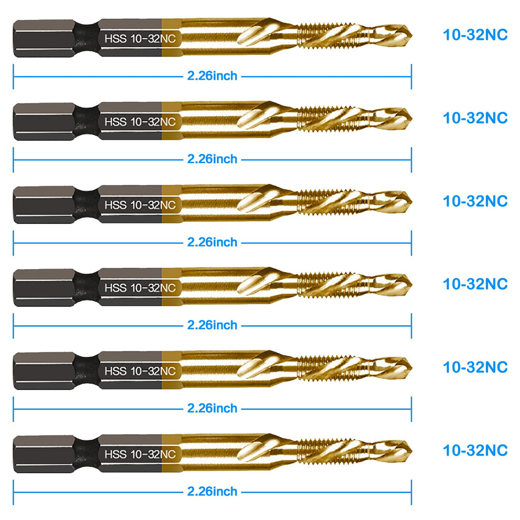 DKIBBITH 6-Piece Titanium Drill Tap Set SAE 10-32NC, 1/4-Inch Hex Shank