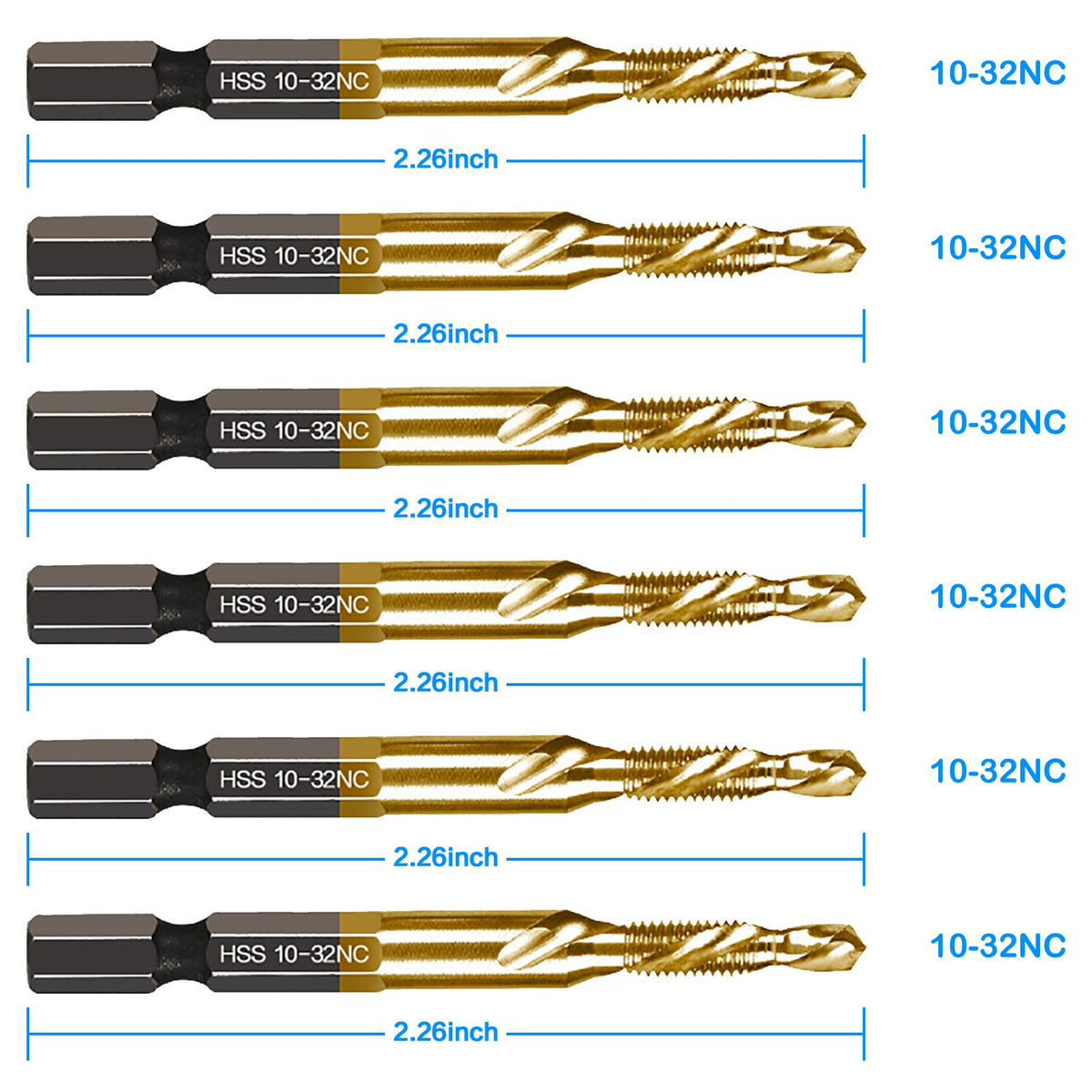DKIBBITH 6-Piece Titanium Drill Tap Set SAE 10-32NC, 1/4-Inch Hex Shank