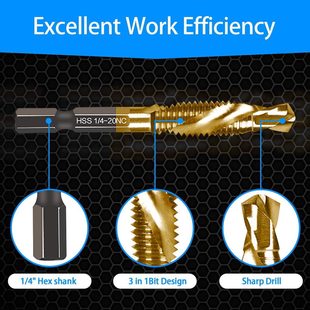 DKIBBITH 6-Piece Titanium Drill Tap Set SAE 10-32NC, 1/4-Inch Hex Shank