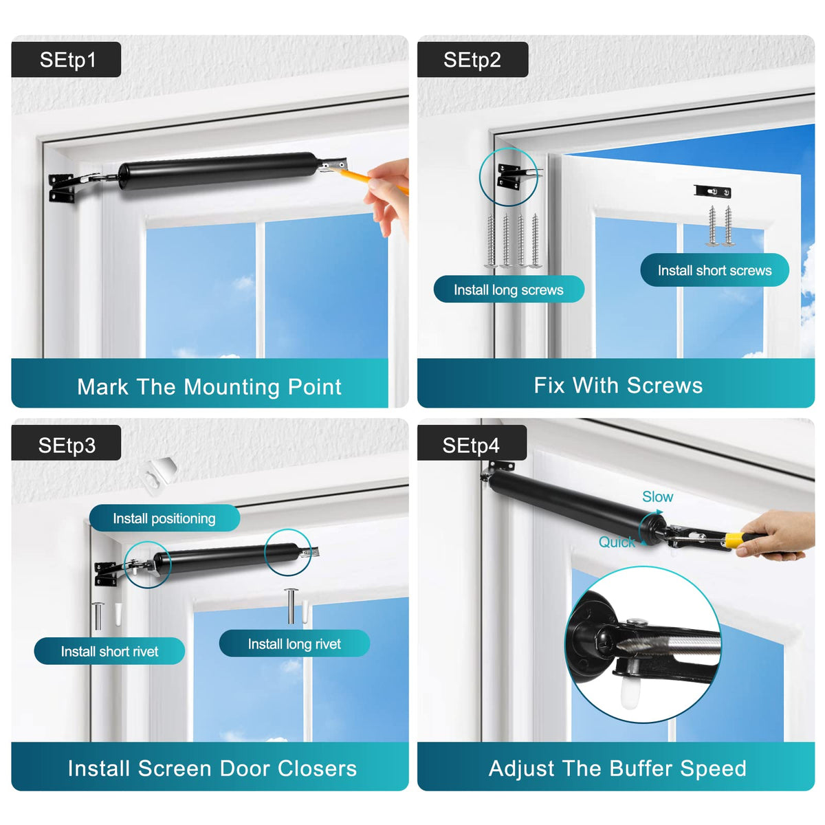 Dluno 2 Set Black Screen Door Closers – Heavy Duty Storm Door Shock, Adjustable, Smooth Closures