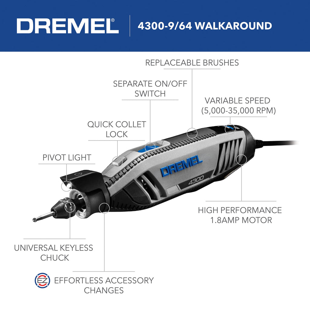 Dremel 4300-9/64 Versatile Rotary Tool Kit with Pivot Light and 64 Accessories