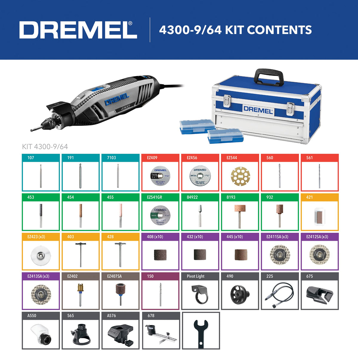 Dremel 4300-9/64 Versatile Rotary Tool Kit with Pivot Light and 64 Accessories