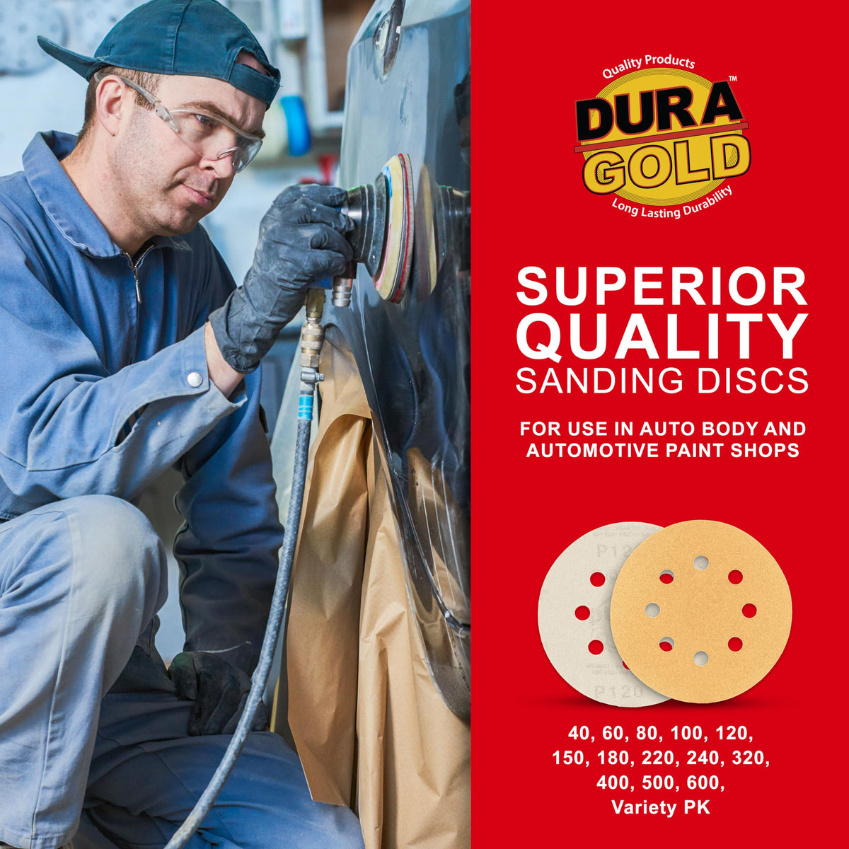 Dura-Gold Premium 120 Grit 5in Sanding Discs – 8-Hole Dustless, Hook & Loop, 50 Discs