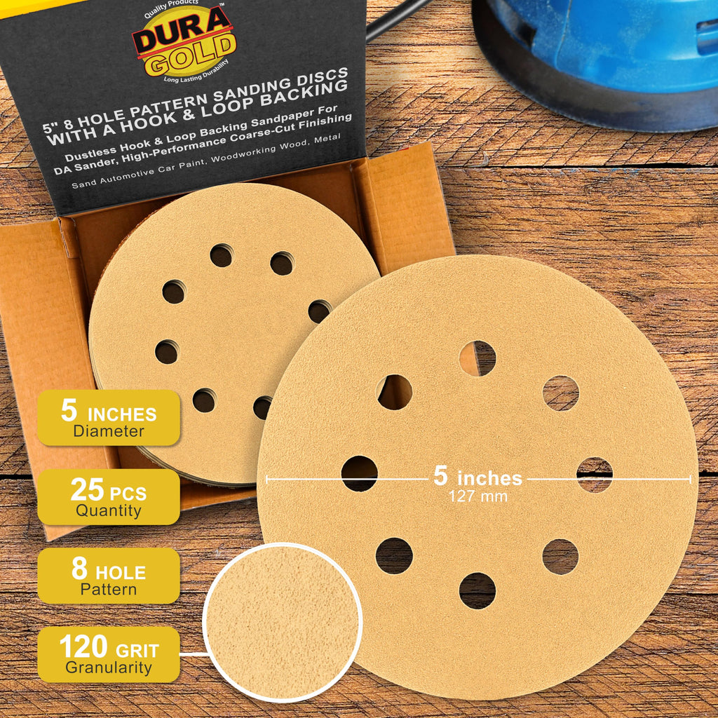 Dura-Gold Premium 120 Grit 5in Sanding Discs – 8-Hole Dustless, Hook & Loop, 50 Discs