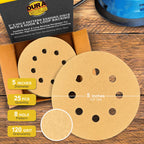 Dura-Gold Premium 120 Grit 5in Sanding Discs – 8-Hole Dustless, Hook & Loop, 50 Discs