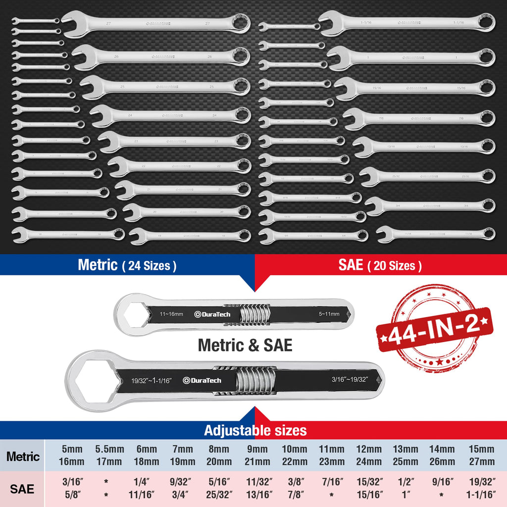 DURATECH Universal Wrench Set – 8in & 10in, SAE & Metric, 44 Sizes, Drop-Forged, ANSI Standard