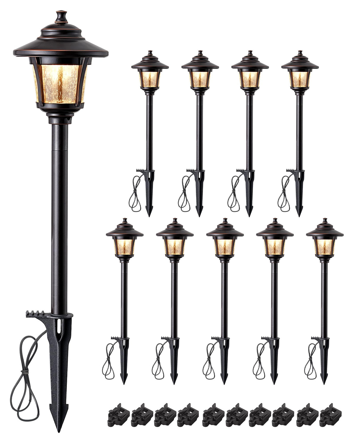 EDISHINE Low Voltage Pathway Lights – 10 Pack, Seeded Glass, 12V 3W, 120LM, 3000K, ORB Bronze