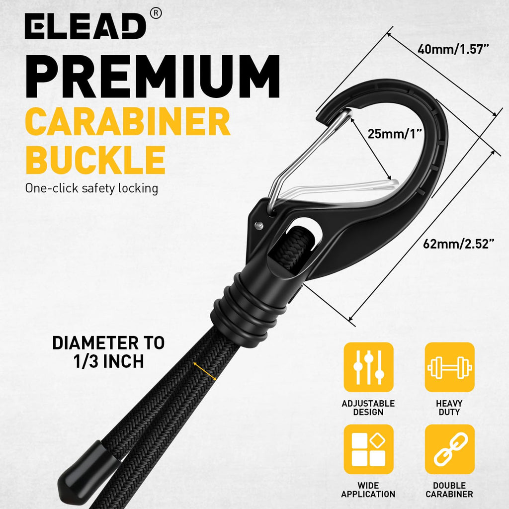 ELEAD 8-Piece 24-Inch Adjustable Bungee Cords with Hooks – Heavy Duty Carabiner Straps