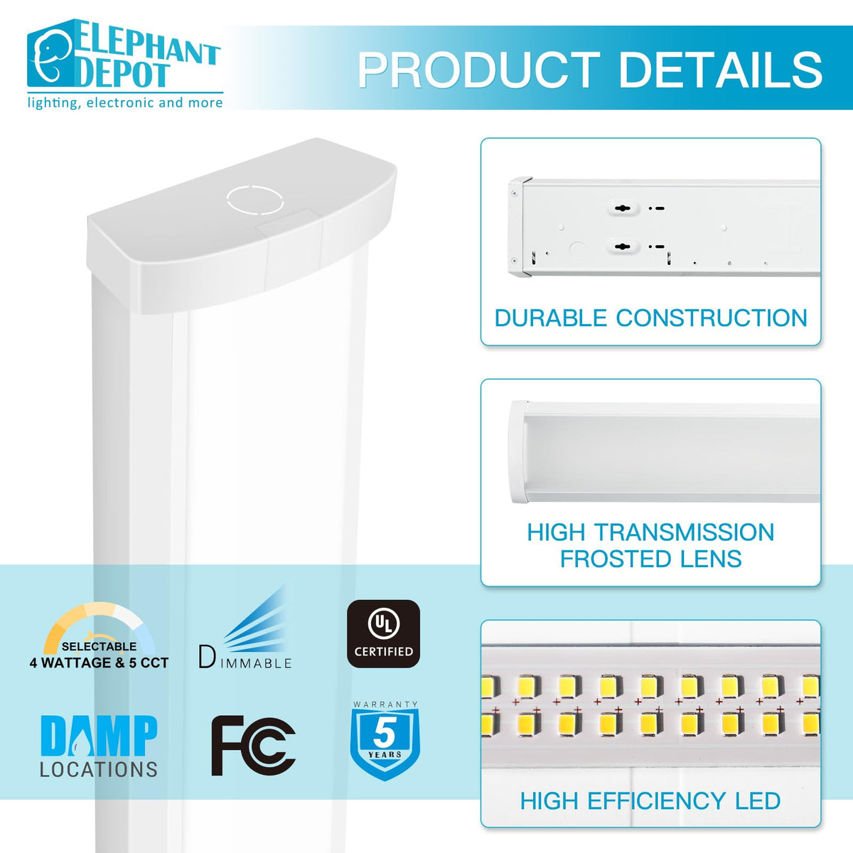 ELEPHANT DEPOT 4FT LED Wraparound Light – 4-Pack, 5500 lm, 5CCT, 0-10V Dimming, 120-277V