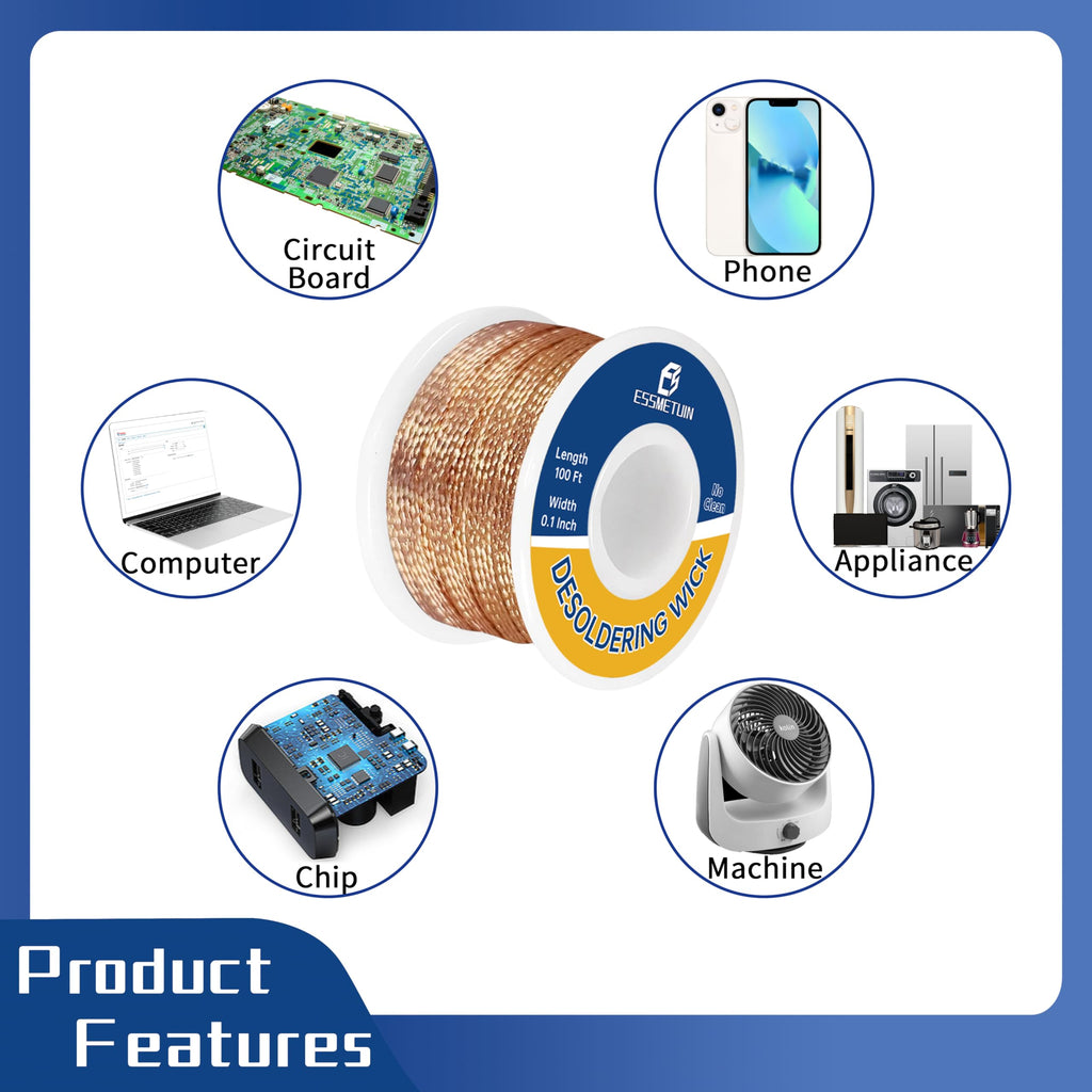 Essmetuin Solder Wick Braid 100ft with Flux for Electronics (0.1in / 2.5mm)