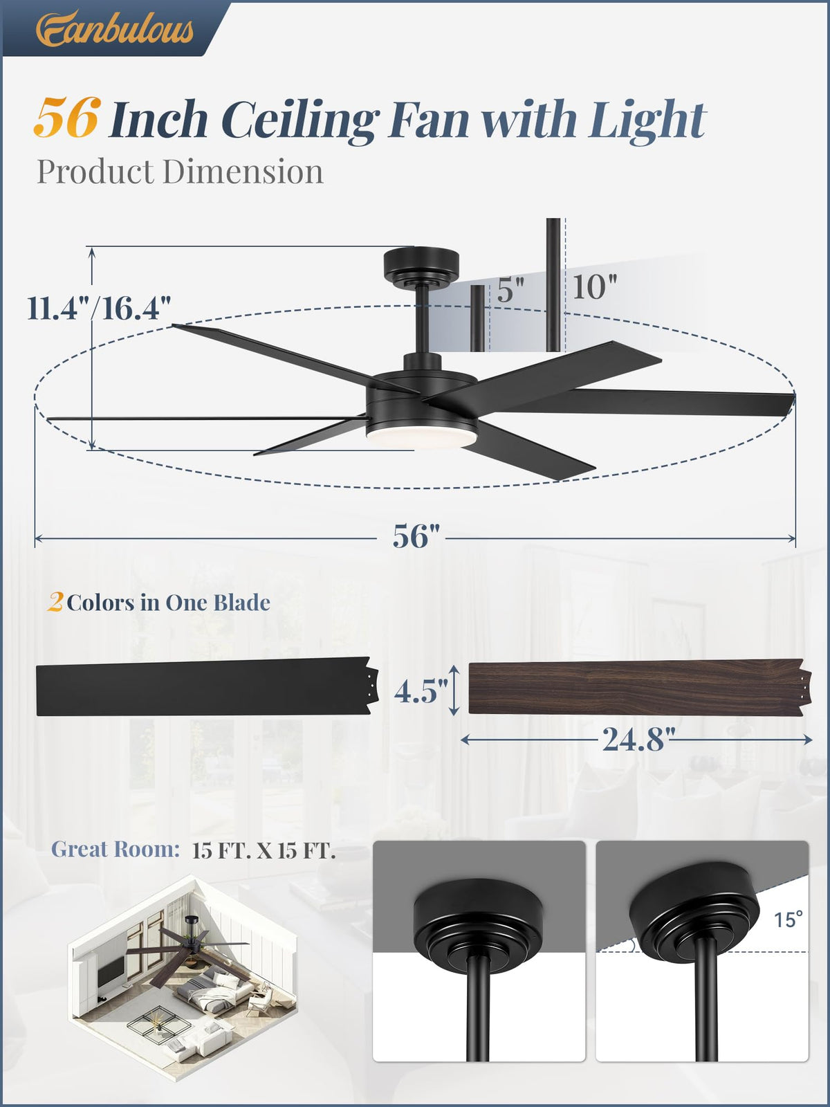 Fanbulous 56-Inch Ceiling Fan with Lights & Remote – Dimmable, Reversible DC Motor