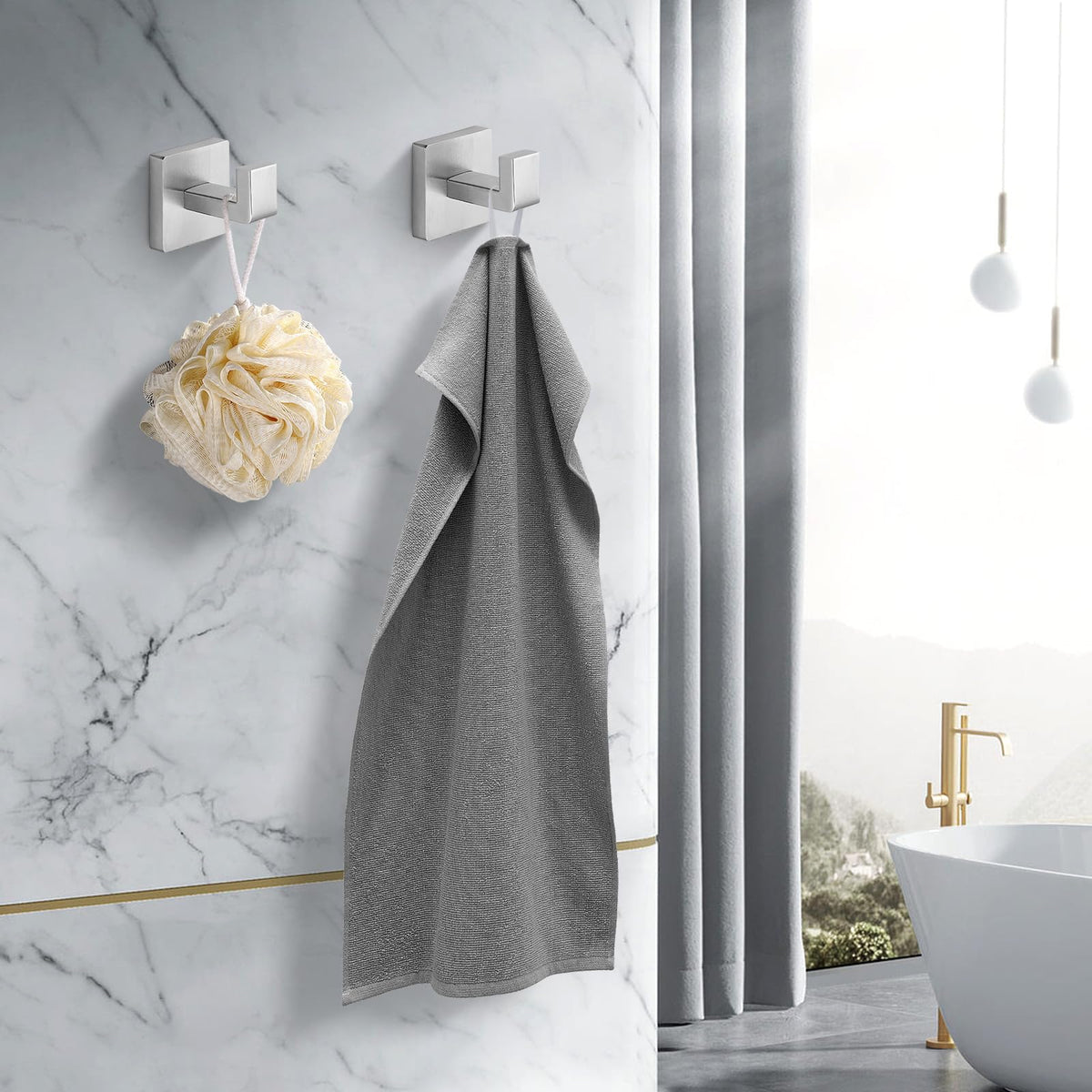 Fenas Heavy Duty Stainless Steel Towel Hooks – Wall Mounted Square Robe Hooks (Brushed Nickel) 2 Pack