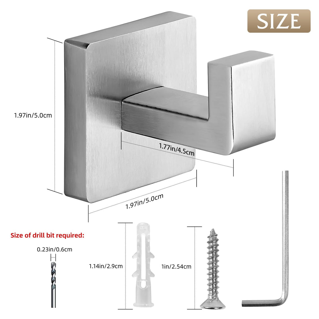 Fenas Heavy Duty Stainless Steel Towel Hooks – Wall Mounted Square Robe Hooks (Brushed Nickel) 2 Pack