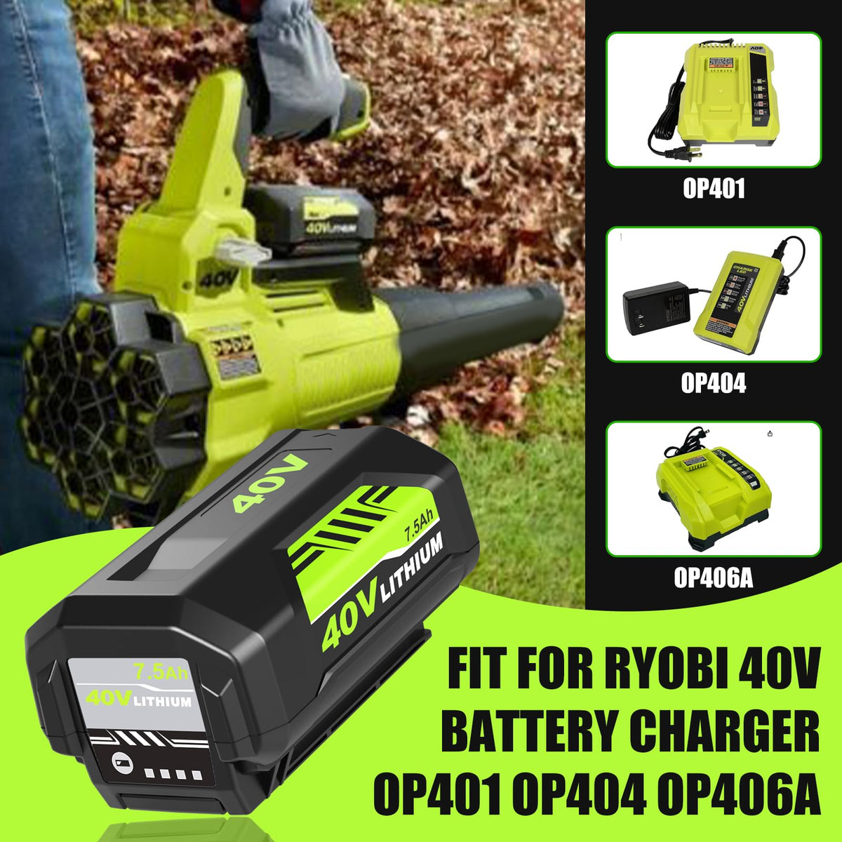 Fhybat 7500mAh Ryobi 40V Battery + OP401 Charger – 2 Pack Replacement for OP40601/02