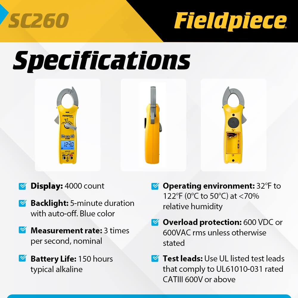 Fieldpiece SC260 Compact HVACR Clamp Meter – True RMS, Temperature, Capacitance & Backlight