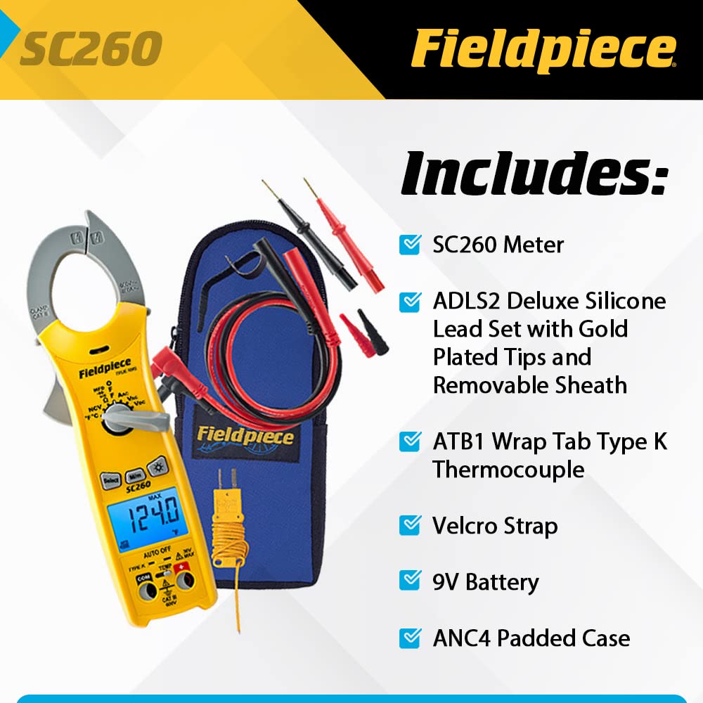 Fieldpiece SC260 Compact HVACR Clamp Meter – True RMS, Temperature, Capacitance & Backlight