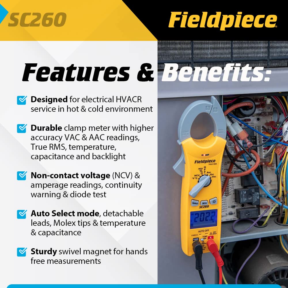 Fieldpiece SC260 Compact HVACR Clamp Meter – True RMS, Temperature, Capacitance & Backlight