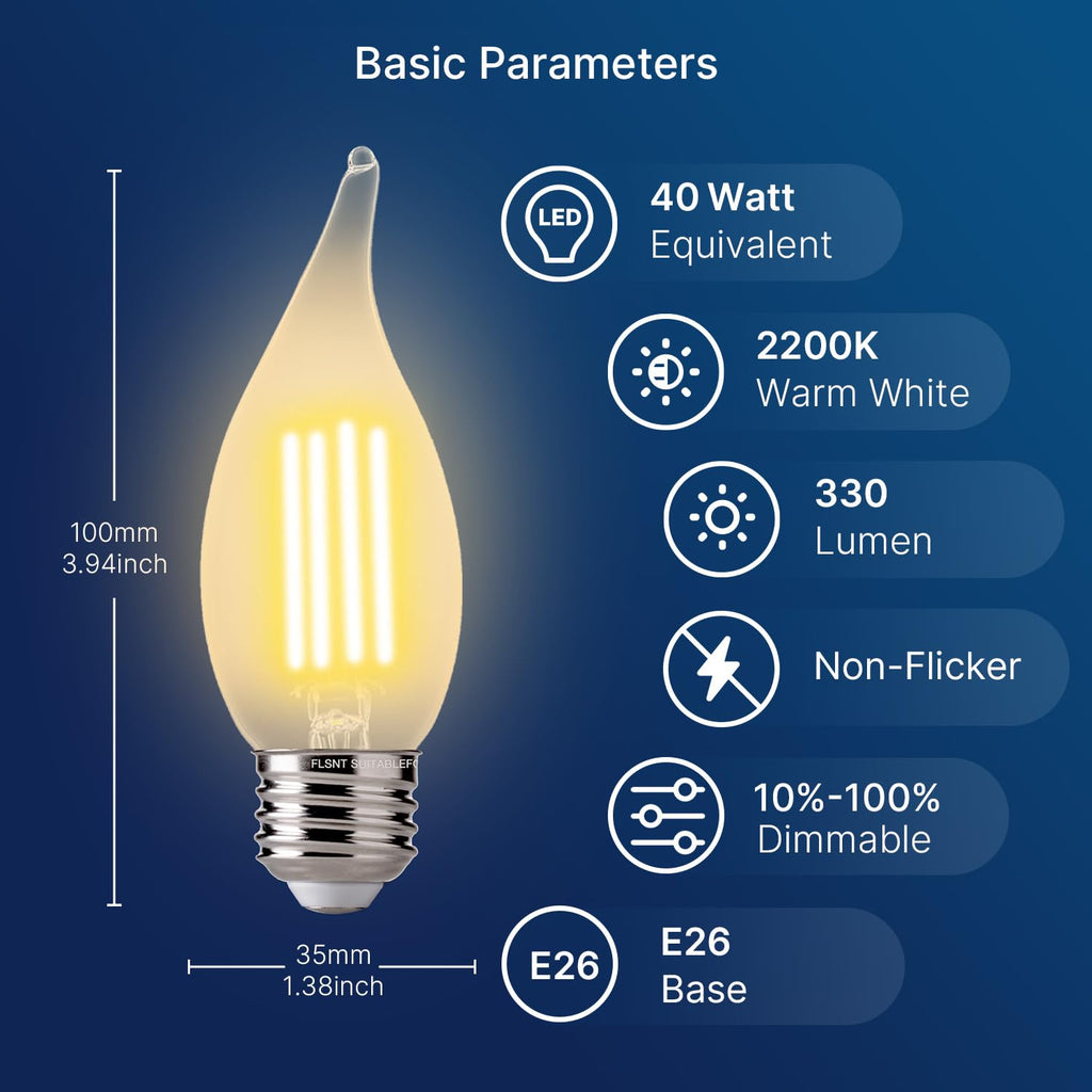 FLSNT CA11 E26 LED Candelabra Bulbs - Dimmable Amber Glass, 2200K, 330lm, 6-Pack, UL & CA65 Listed