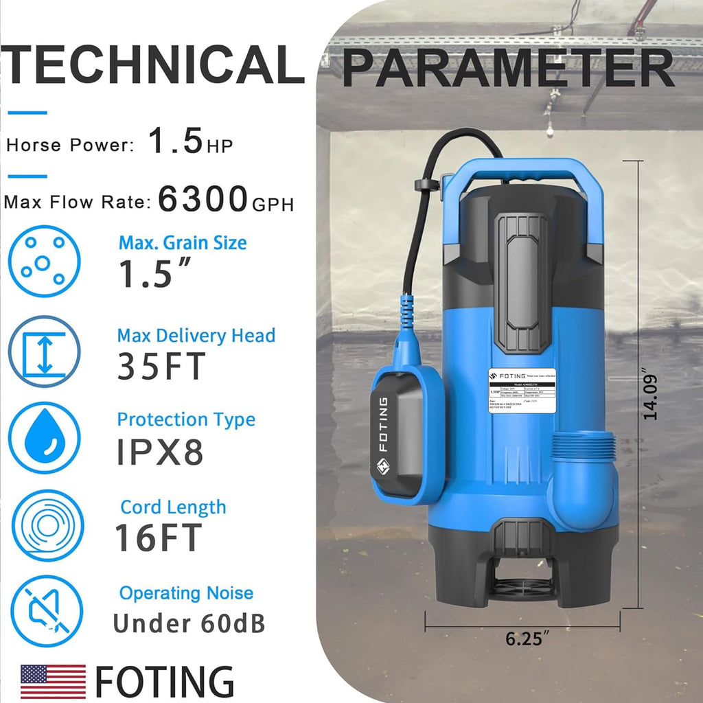 FOTING 1.5HP Sump Pump — 6300GPH High-Flow Submersible with Float Switch