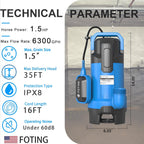 FOTING 1.5HP Sump Pump — 6300GPH High-Flow Submersible with Float Switch