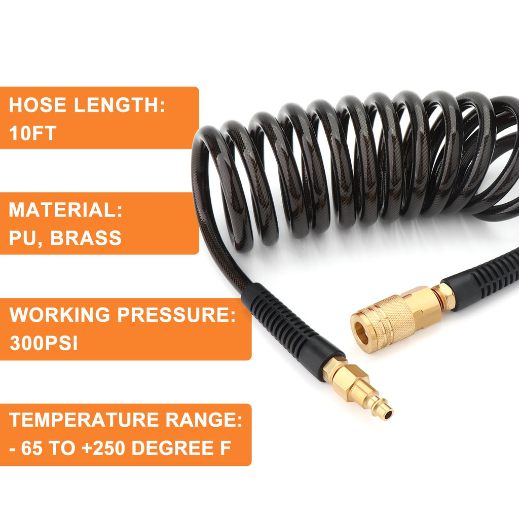 GASHER 1/4 x 10FT Black Reinforced Polyurethane Recoil Air Hose – Bend Restrictor & Quick Coupler
