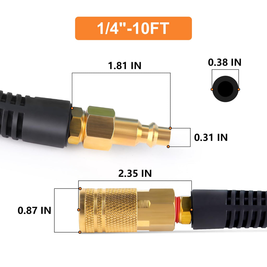 GASHER 1/4 x 10FT Black Reinforced Polyurethane Recoil Air Hose – Bend Restrictor & Quick Coupler